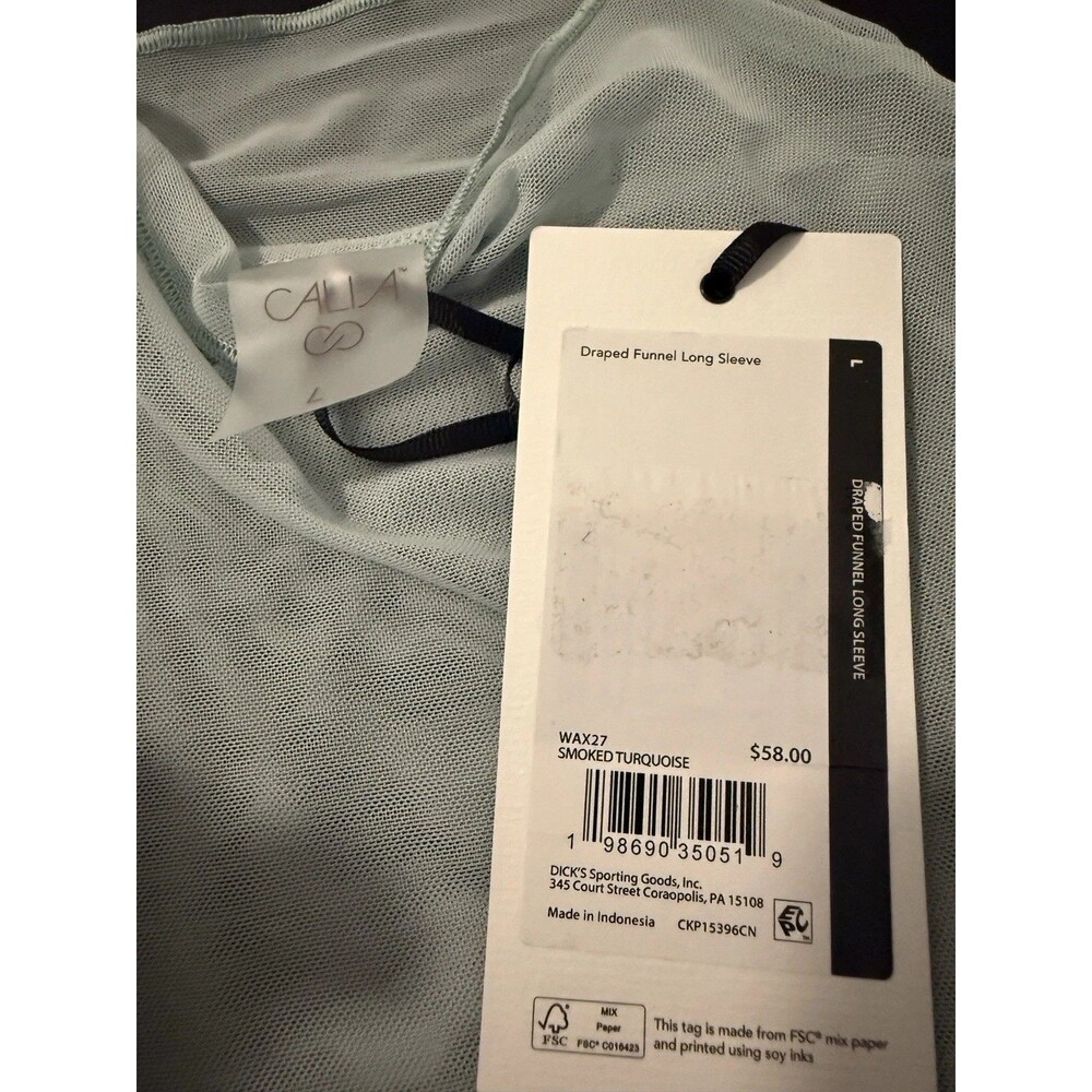 CALIA Draped Funnel Long Sleeve Top Womens Large Smoked Turquoise NWT $58 - Picture 2 of 6